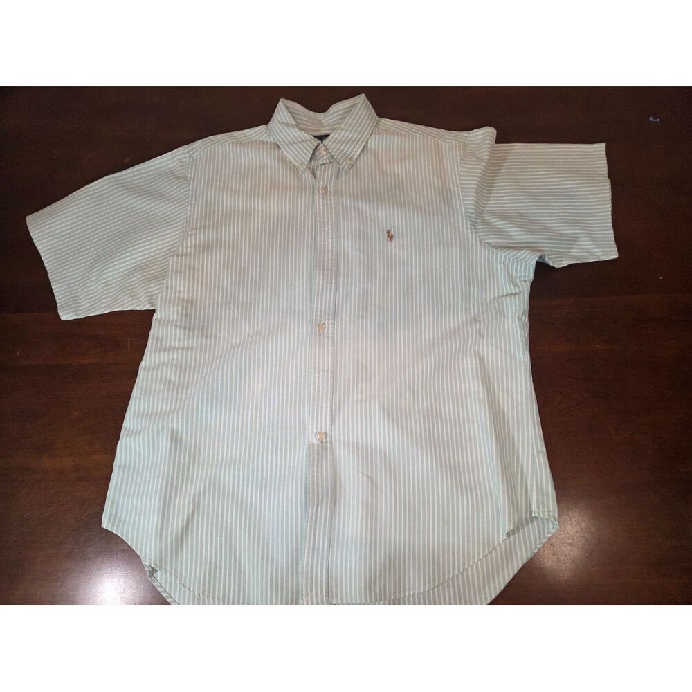 ​Polo Ralph Lauren Shirt Mens 17.5 Classic Fit Green White Striped Short Sleeve